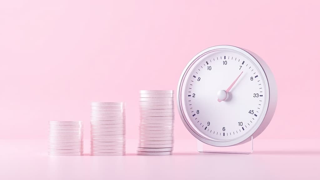 Ascending stacks of translucent coins beside a round meter gauge on a soft pink background