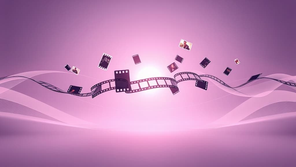 Film strips and floating photographs converging toward a soft glowing center on a purple gradient