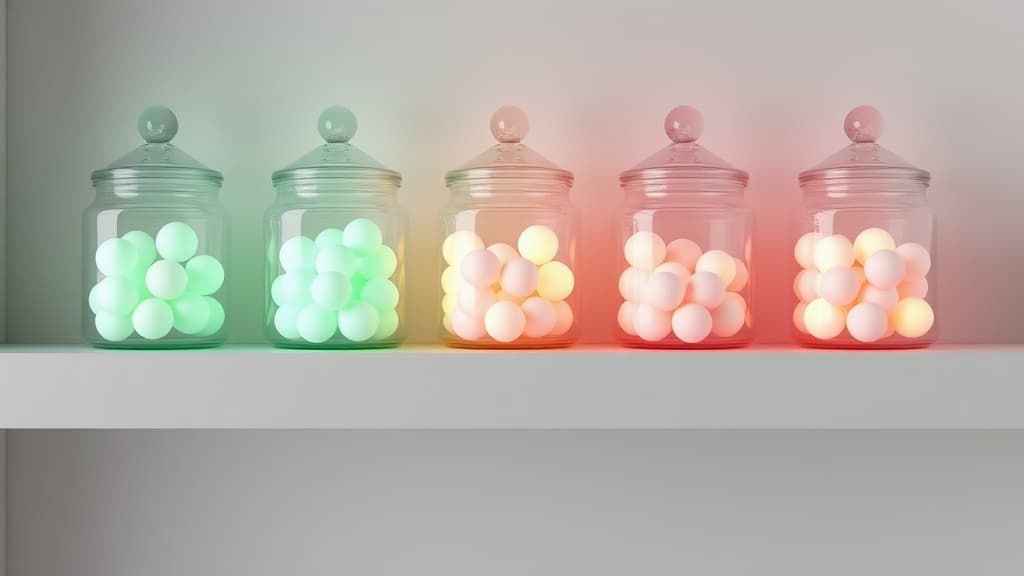 Five glass jars on a shelf, each holding glowing tokens of a different pastel color