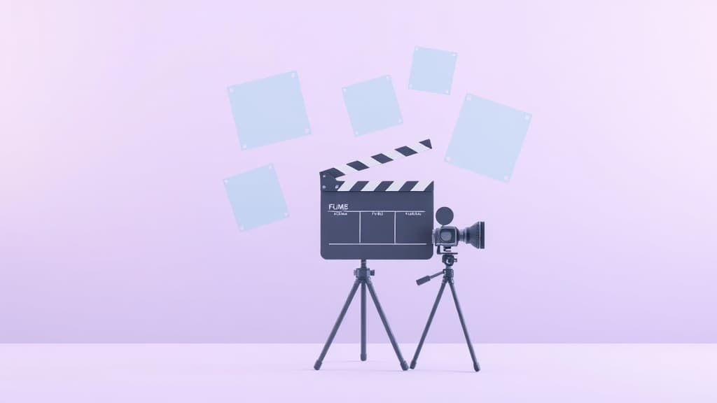 A director's clapperboard and vintage cinema camera on tripods, with translucent film frames floating behind