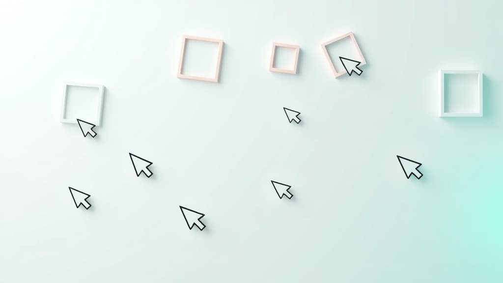 Many mouse cursors gliding across a whiteboard canvas between floating empty picture frames