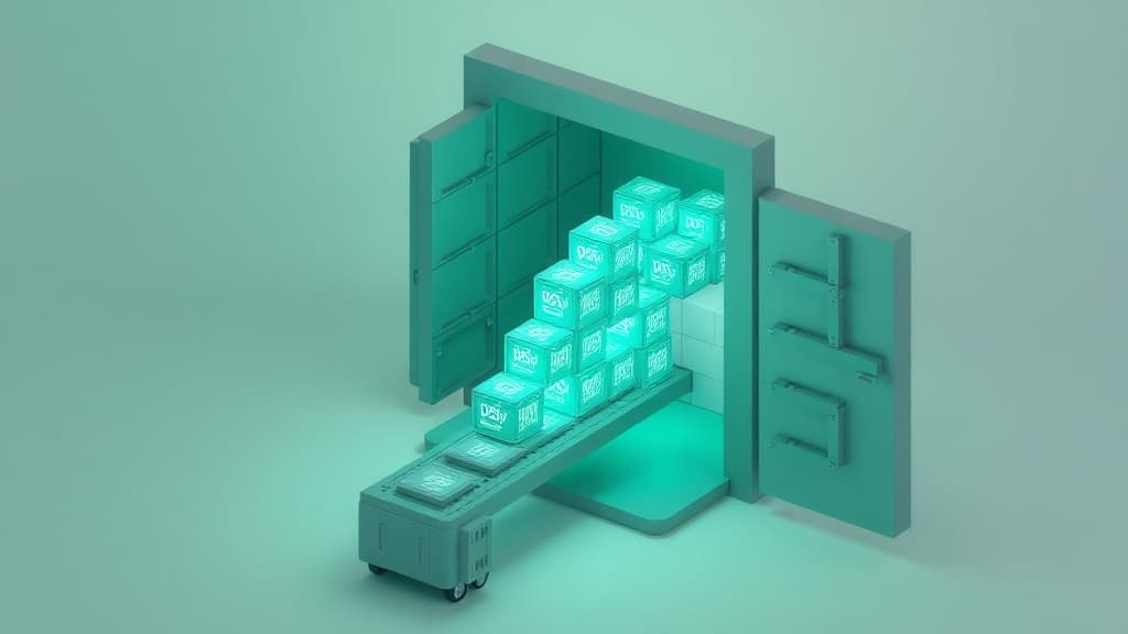 Isometric render of glowing data cubes on a conveyor flowing into an open storage vault