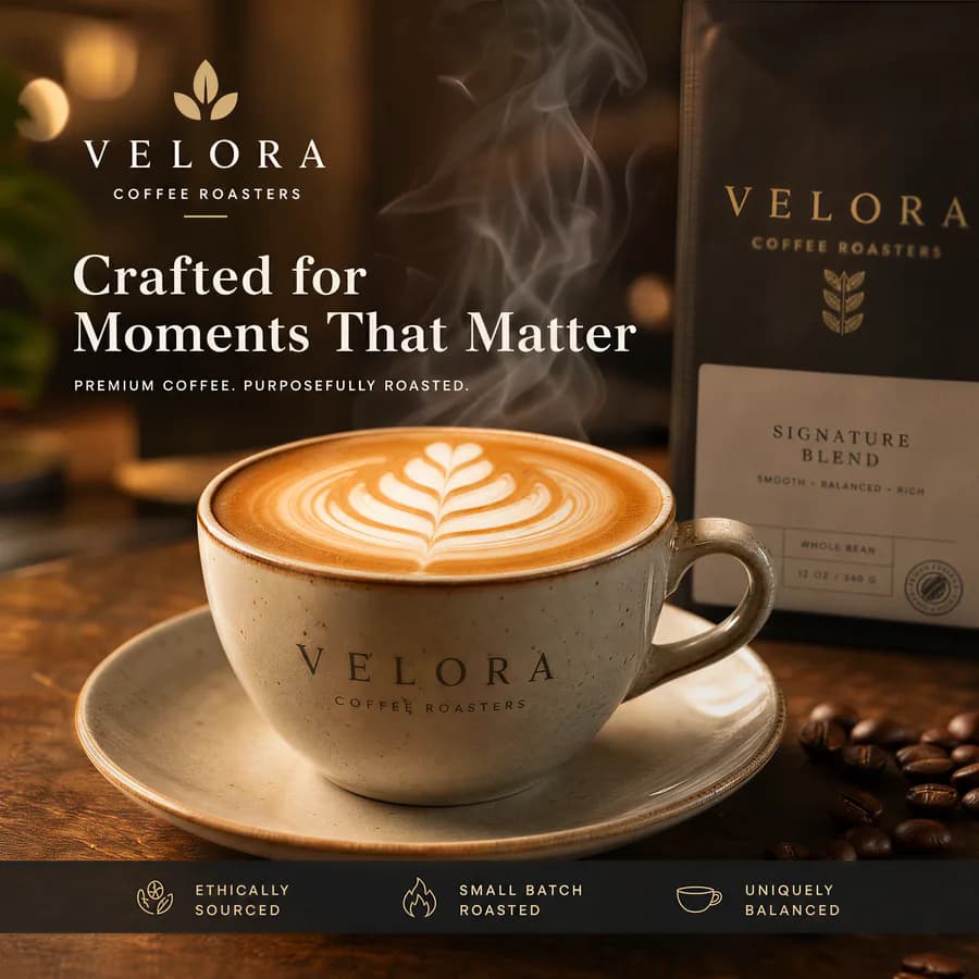 Coffee brand hero, morning light through steam, roasted beans