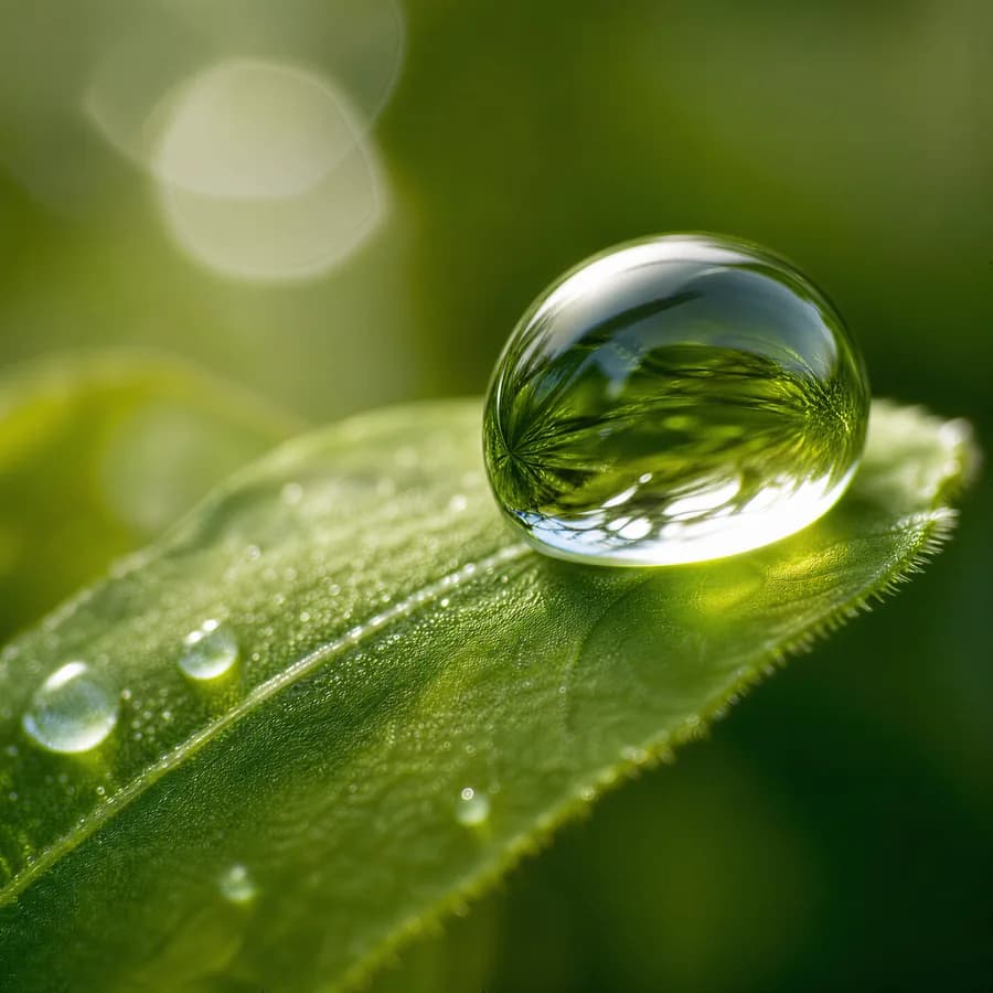 Dewdrop macro on a leaf edge, razor-thin focus, dawn backlight