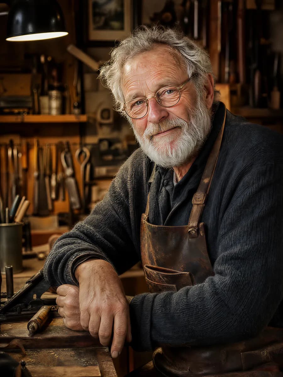 Craftsman at his bench, warm workshop lamplight, weathered leather apron