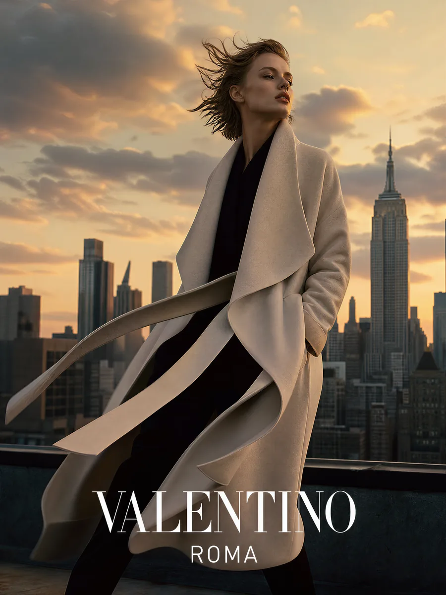 Rooftop fashion campaign, golden-hour skyline, wind in the fabric