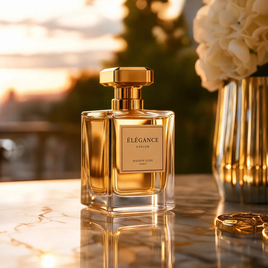 Gold parfum bottle on marble, sunset bokeh, crisp label typography