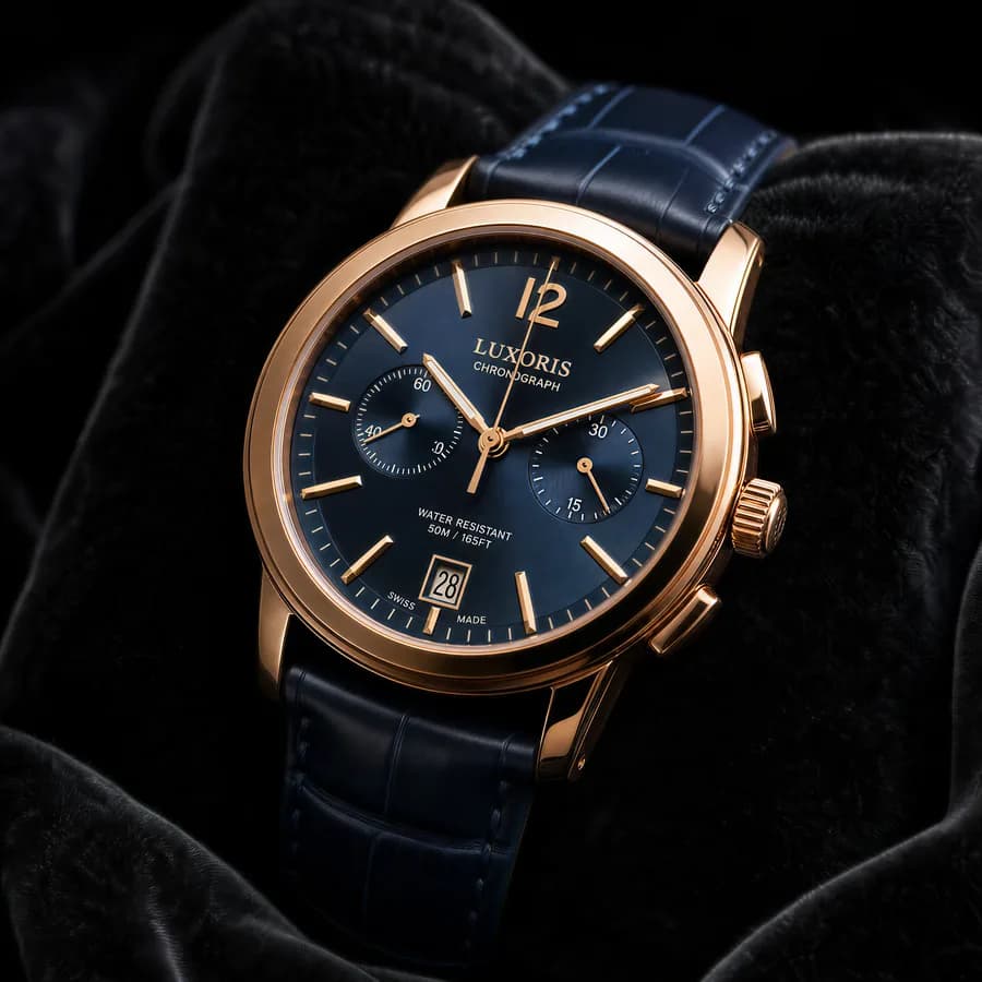 Premium watch macro, brushed steel, controlled studio reflections