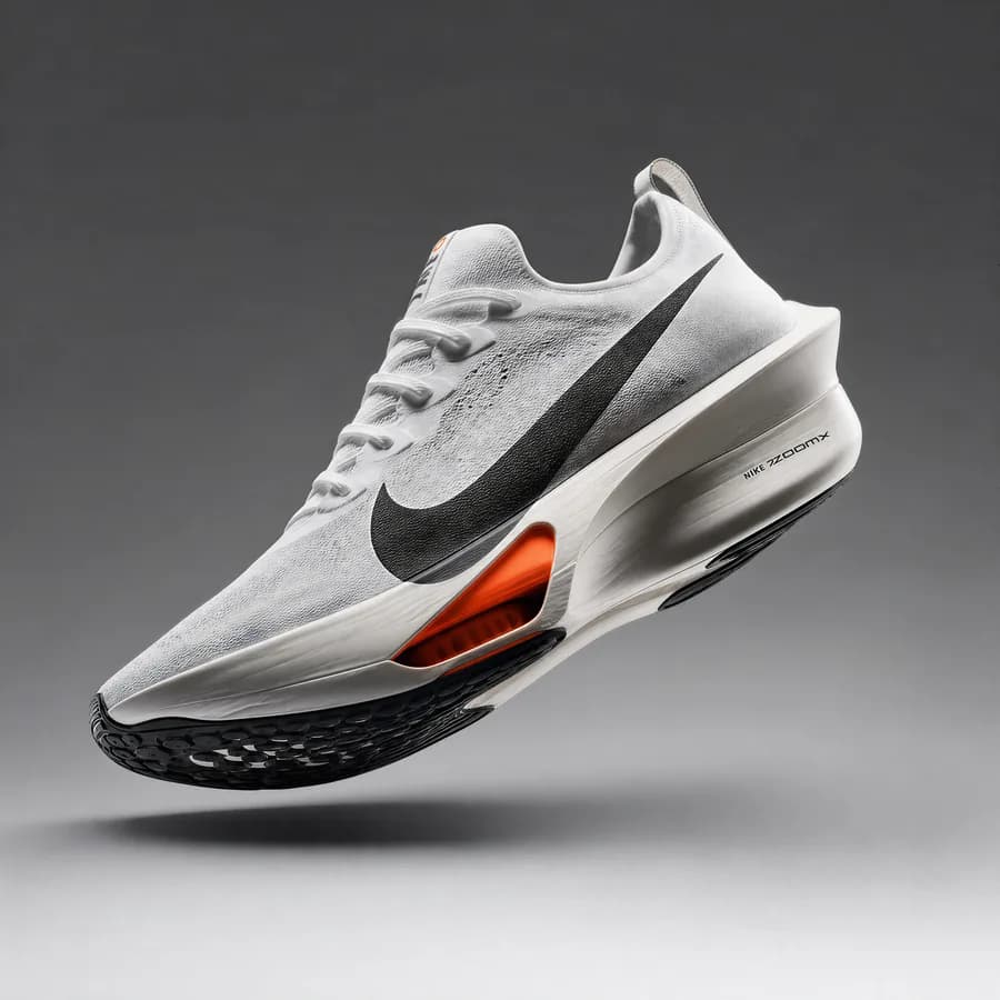 Running shoe mid-air, hard rim light, clean seamless backdrop