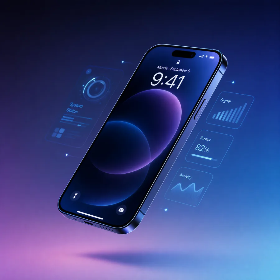 Smartphone on glass, cool gradient light, mirrored surface
